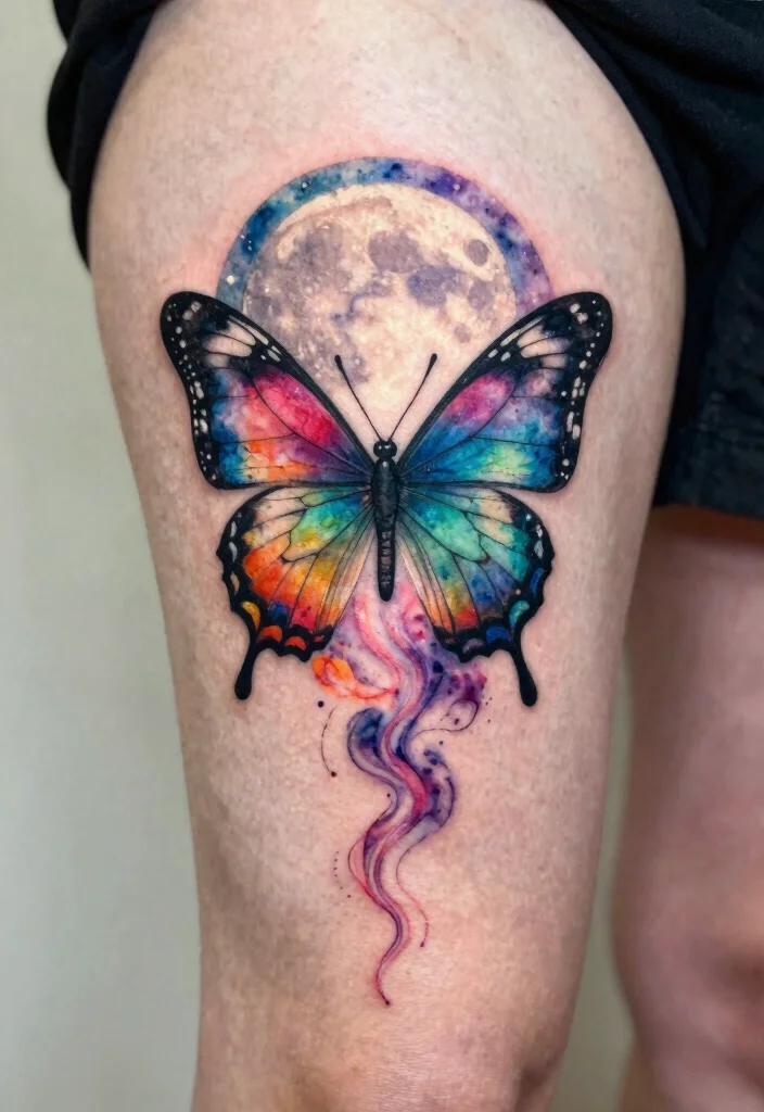 16 Moon Butterfly Tattoo Ideas With Mystical Charm - 9. Watercolor Fantasy 1