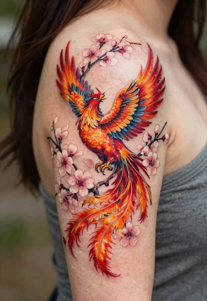 16 Phoenix Tattoo Feminine Small for Women Ideas With Grace - 6. Phoenix in Flight with Cherry Blossoms 1