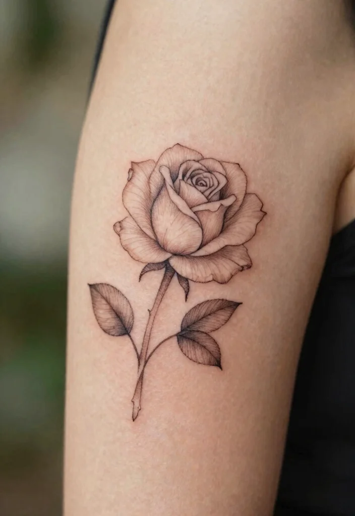 16 Rose Tattoo Outline Ideas With Clean Detail 27 16 Rose Tattoo Outline Ideas With Clean Detail - 7. Delicate Rose Outline with Leaves 1