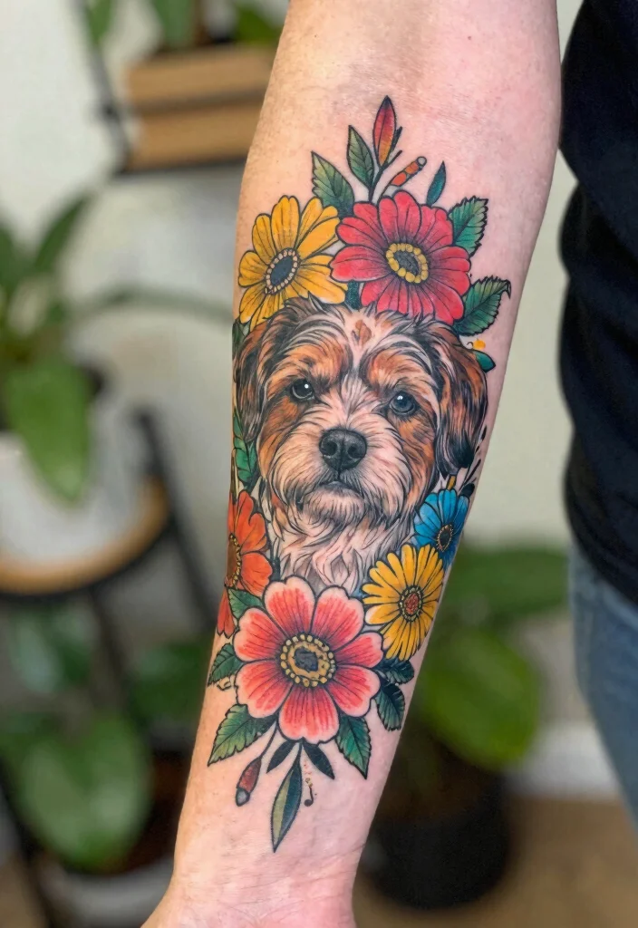 16 Tattoo Dog Ideas With Loyal Symbolism 18 16 Tattoo Dog Ideas With Loyal Symbolism - 8. Floral Dog Tattoo 1