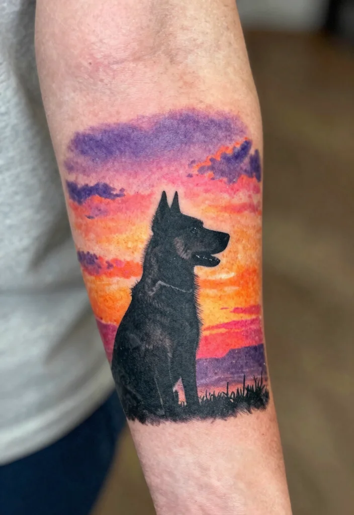 16 Tattoo Dog Ideas With Loyal Symbolism 29 16 Tattoo Dog Ideas With Loyal Symbolism - 9. A Dog's Silhouette at Sunset 1