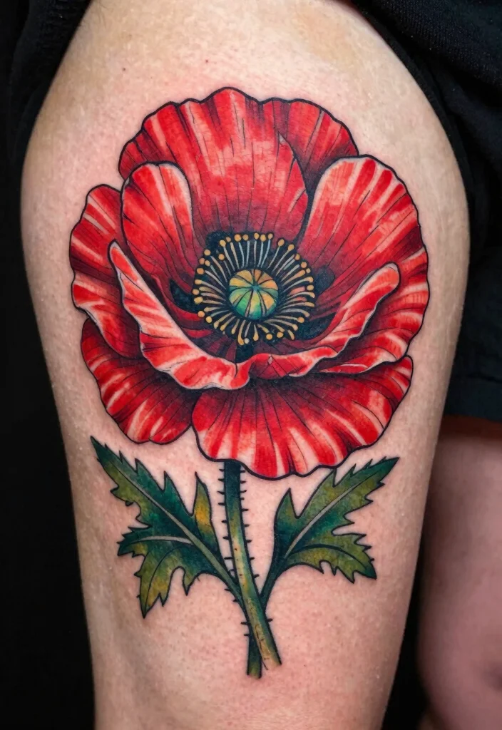 16 Traditional Tattoo Flower Ideas With Timeless Bold Style - 11. Vibrant Poppy Tattoos 1