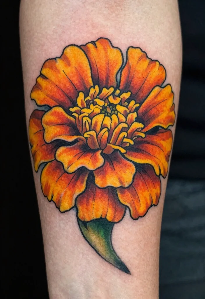 16 Traditional Tattoo Flower Ideas With Timeless Bold Style - 13. Bold Marigold Tattoos 1