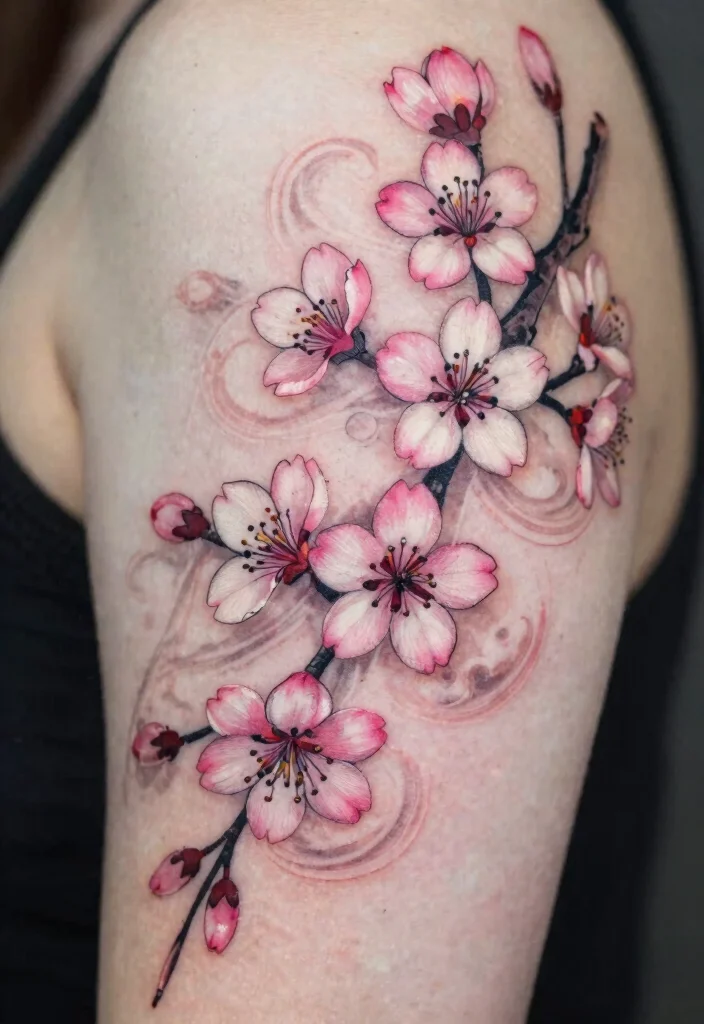 16 Traditional Tattoo Flower Ideas With Timeless Bold Style - 4. Stunning Cherry Blossom Tattoos 1