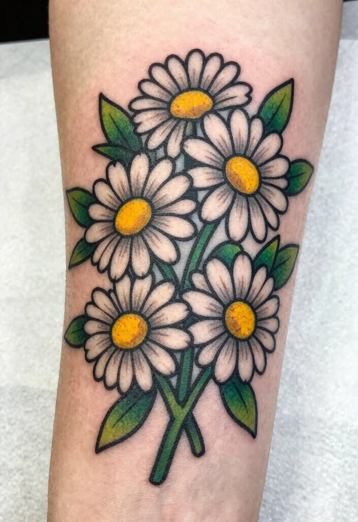 16 Traditional Tattoo Flower Ideas With Timeless Bold Style - 6. Dainty Daisy Tattoos 1