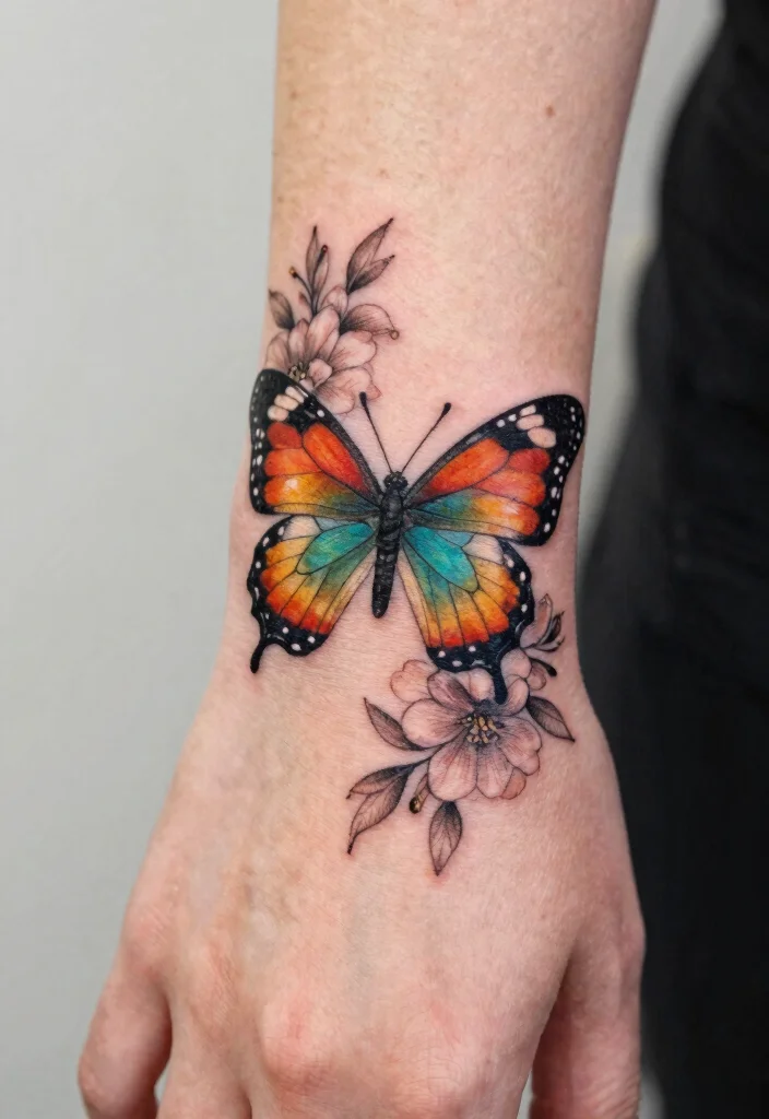 17 Butterfly Tattoo Hand 2026 Trending Ideas With Delicate Beauty - 4. Butterfly Ink Art with Floral Accents 1