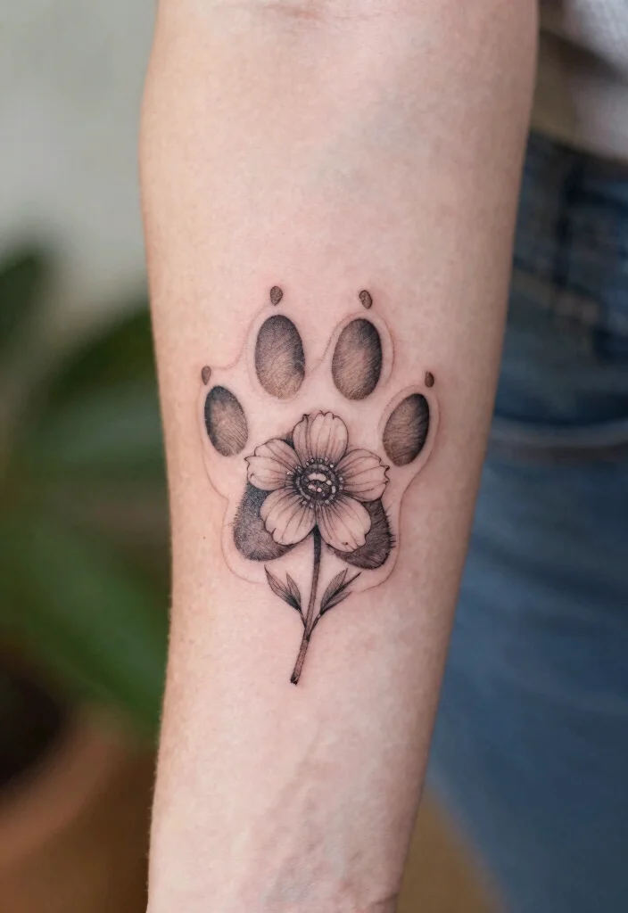 17 Cat Footprint Tattoo Ideas With Sweet Meaning 63 17 Cat Footprint Tattoo Ideas With Sweet Meaning - 13. Cat Paw Print with Birth Flowers 1