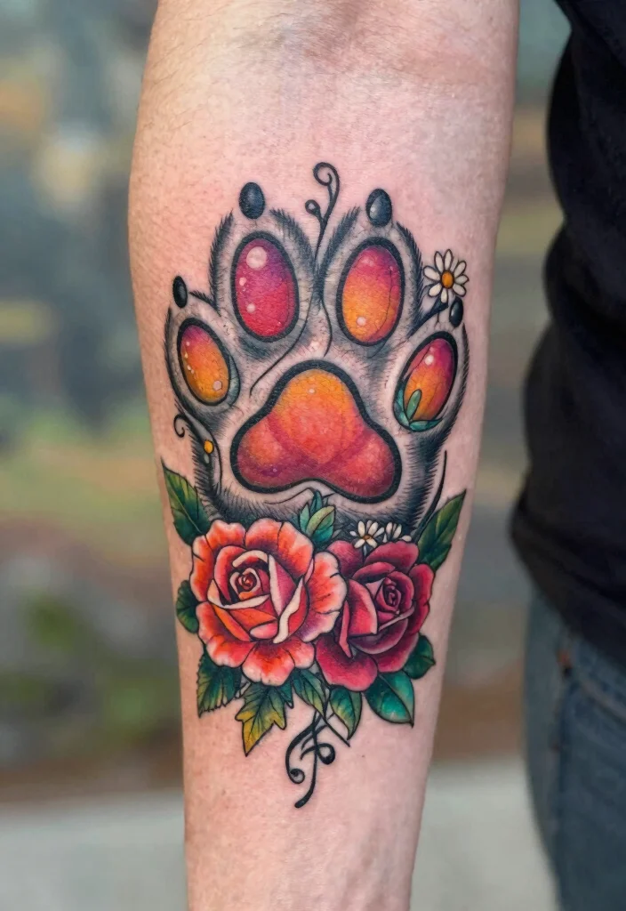 17 Cat Footprint Tattoo Ideas With Sweet Meaning 47 17 Cat Footprint Tattoo Ideas With Sweet Meaning - 7. Cat Paw with Flowers 1