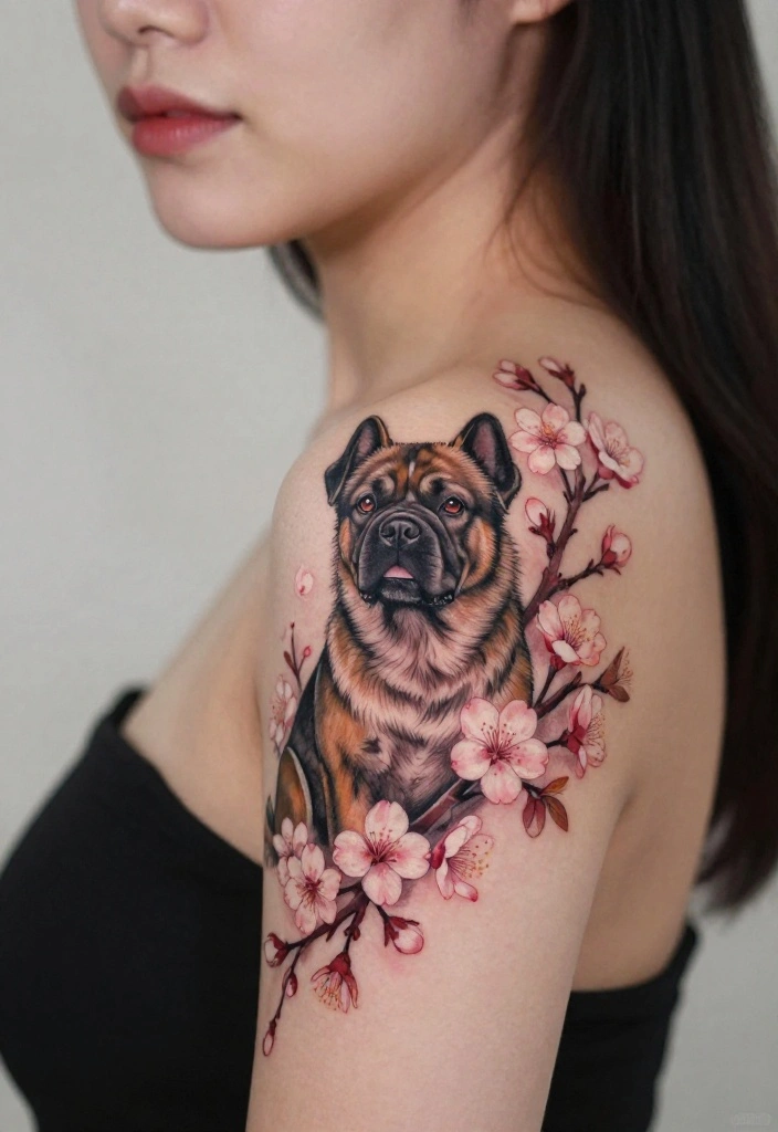 17 Fu Dog Tattoo 2026 Trending Ideas With Protective Power - 8. Fu Dog with Cherry Blossoms 1