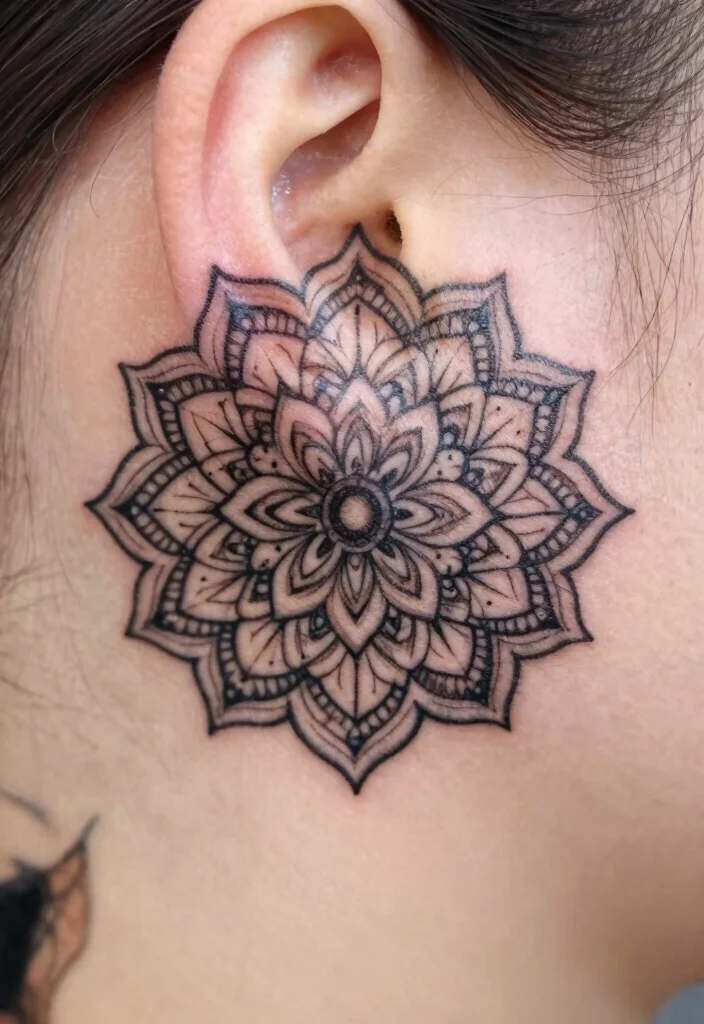 17 Geometric Mandala Tattoo Design Pattern Ideas With Intricate Detail 57 17 Geometric Mandala Tattoo Design Pattern Ideas With Intricate Detail - 17. Mandala Behind the Ear 1