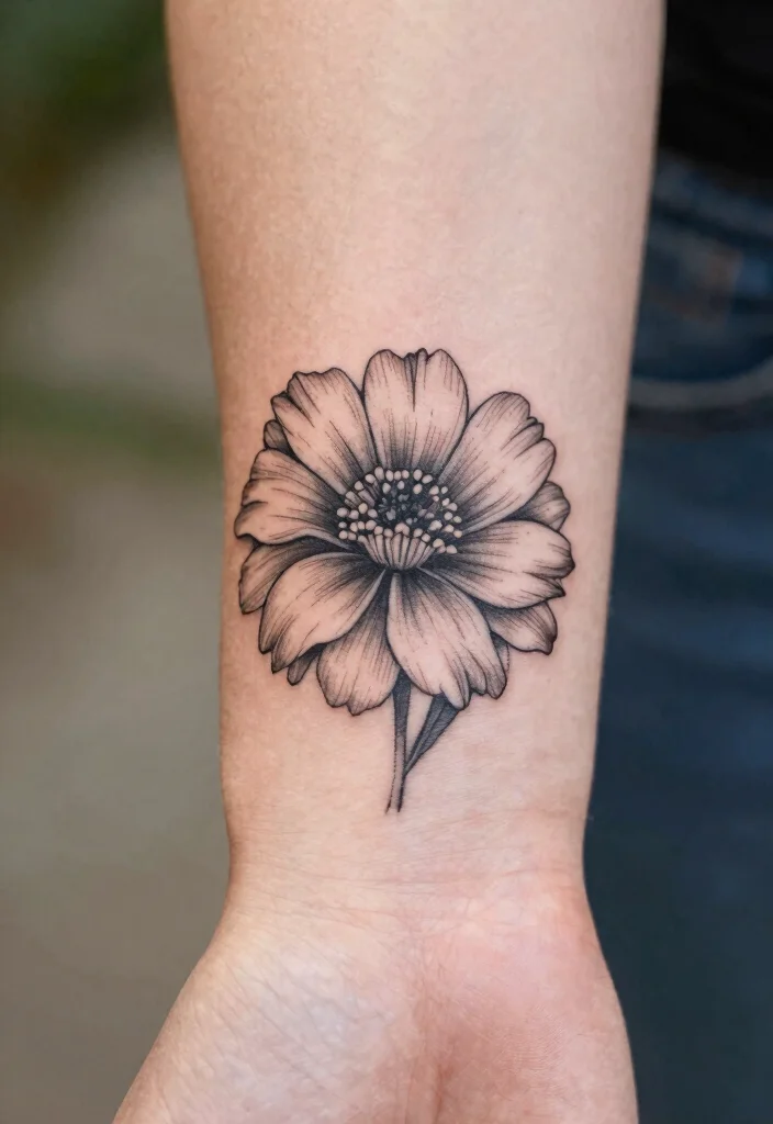 17 Marigold Flower Tattoo Black and White Ideas With Soft Contrast - 1. Elegant Minimalist Marigold Blossom 1