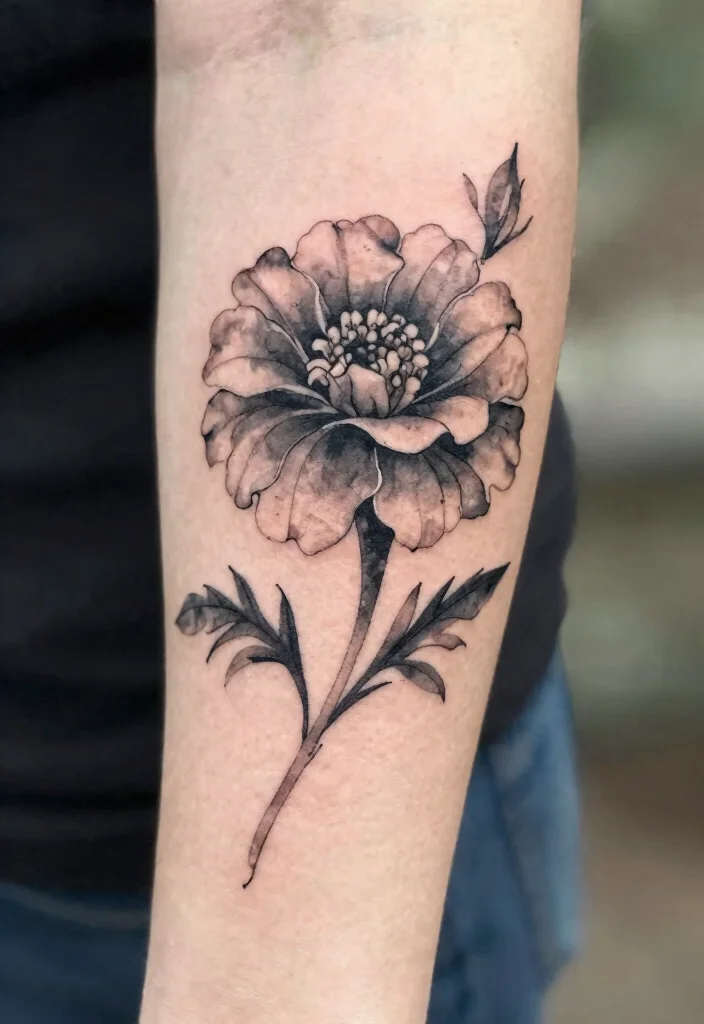 17 Marigold Flower Tattoo Black and White Ideas With Soft Contrast - 11. Watercolor Marigold Tattoo 1