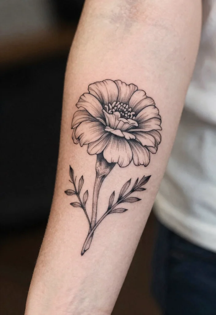 17 Marigold Flower Tattoo Black and White Ideas With Soft Contrast - 13. Marigold Line Art 1