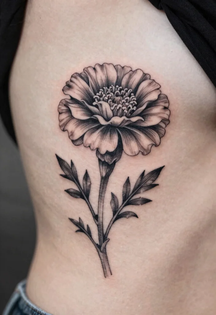 17 Marigold Flower Tattoo Black and White Ideas With Soft Contrast - 14. Marigold on a Stem 1