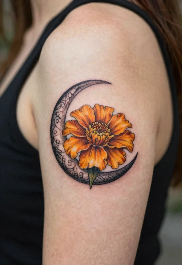 17 Marigold Flower Tattoo Black and White Ideas With Soft Contrast - 15. Crescent Moon with Marigold 1