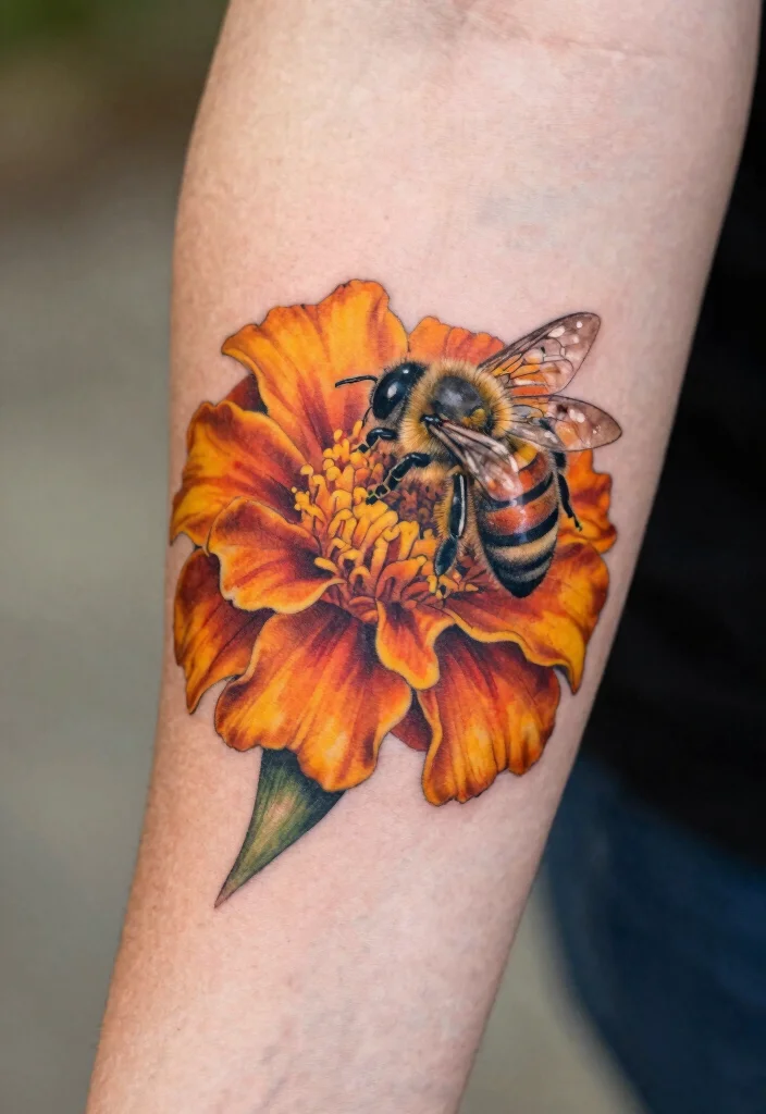17 Marigold Flower Tattoo Black and White Ideas With Soft Contrast - 16. Marigold with a Bee 1