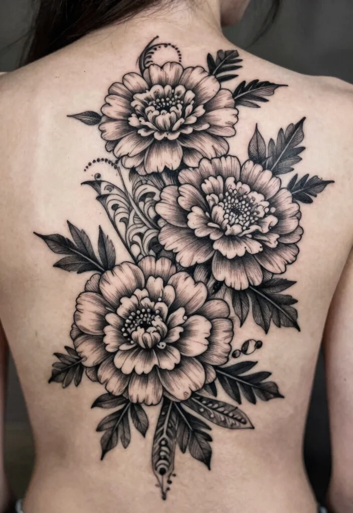 17 Marigold Flower Tattoo Black and White Ideas With Soft Contrast - 17. Intricate Marigold Pattern 1