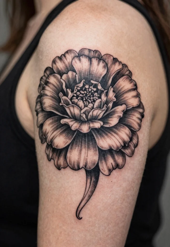 17 Marigold Flower Tattoo Black and White Ideas With Soft Contrast - 2. Layered Marigold Petals 1