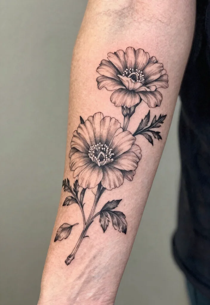 17 Marigold Flower Tattoo Black and White Ideas With Soft Contrast - 4. Delicate Marigold Branch 1