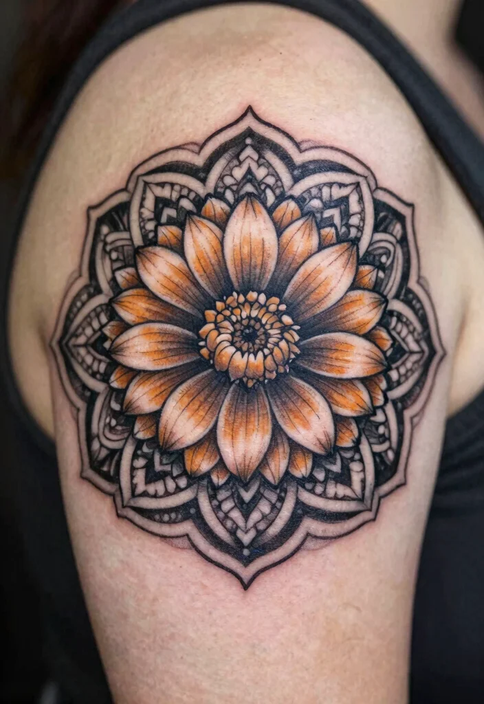 17 Marigold Flower Tattoo Black and White Ideas With Soft Contrast - 5. Circular Marigold Mandala 1
