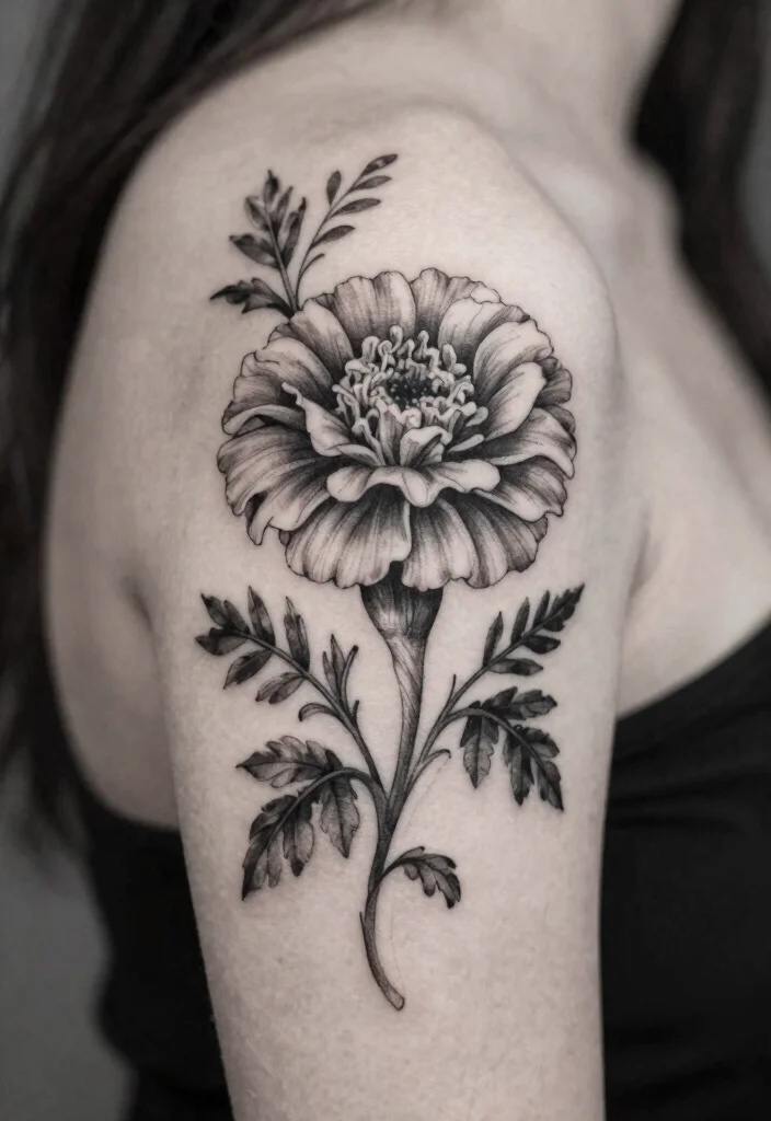 17 Marigold Flower Tattoo Black and White Ideas With Soft Contrast - 9. Marigold and Nature Elements 1