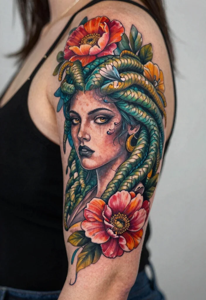 17 Medusa Tattoo Black Women Ideas With Fierce Beauty - 14. Medusa with Flowers 1