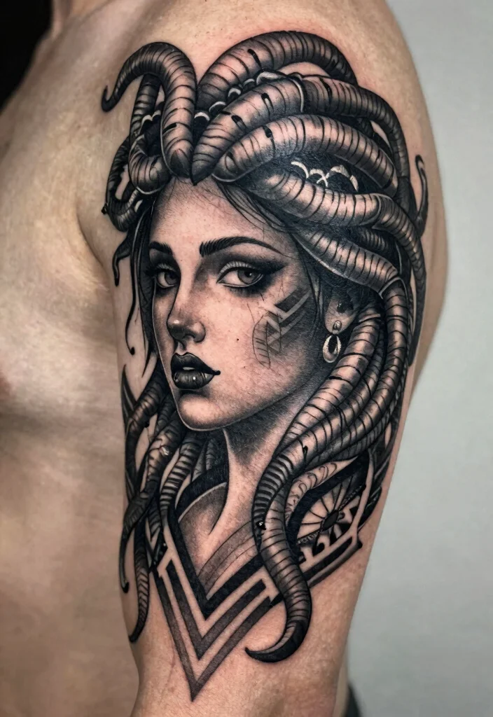 17 Medusa Tattoo Black Women Ideas With Fierce Beauty - 4. Bold Geometric Patterns 1