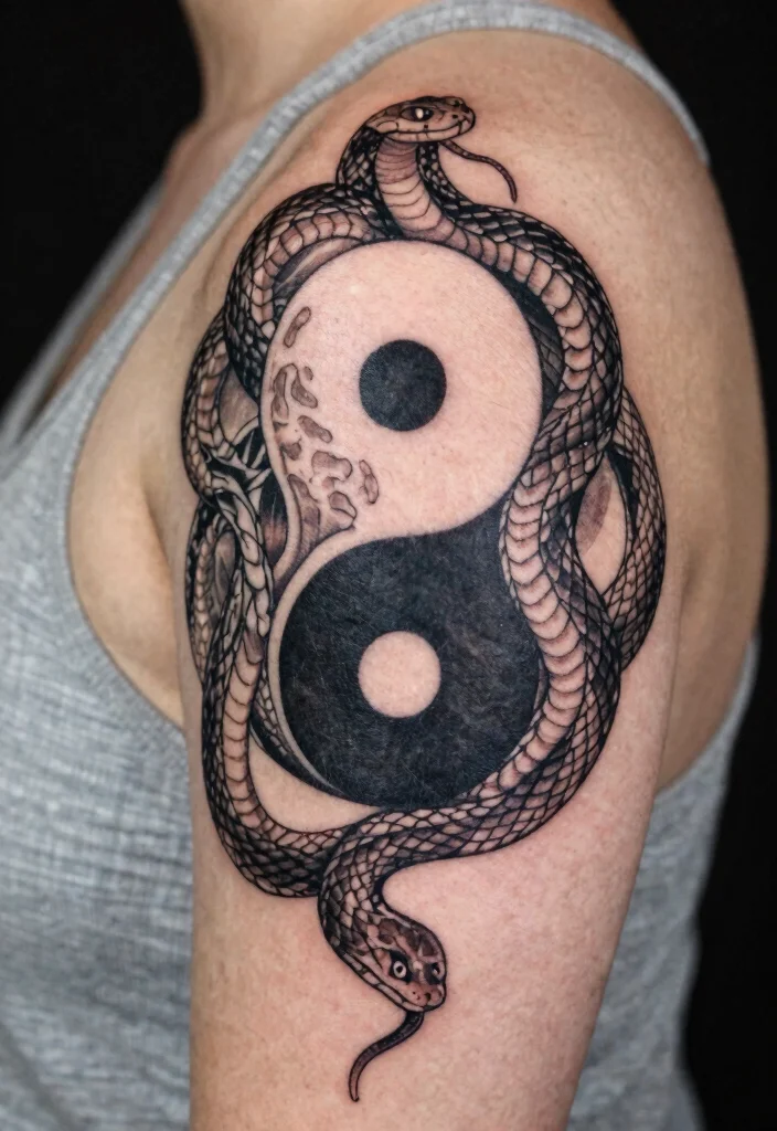 17 Shoulder Snake Tattoo Ideas With Bold Curve 30 17 Shoulder Snake Tattoo Ideas With Bold Curve - 10. Yin-Yang Snake 1
