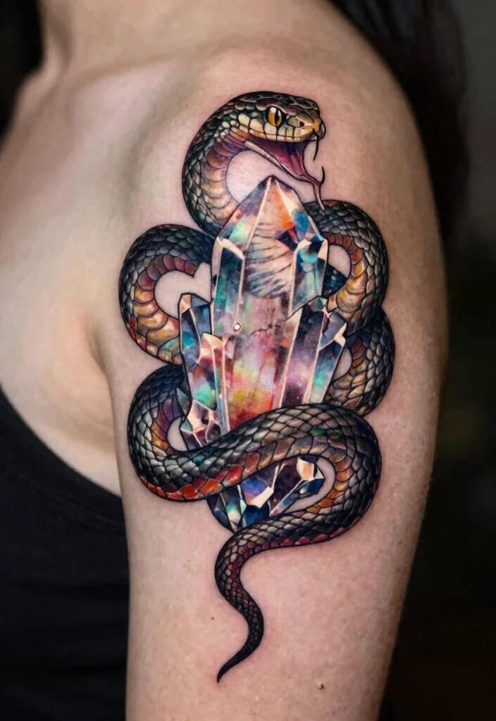 17 Shoulder Snake Tattoo Ideas With Bold Curve 42 17 Shoulder Snake Tattoo Ideas With Bold Curve - 12. Snake and Crystal Combination 1