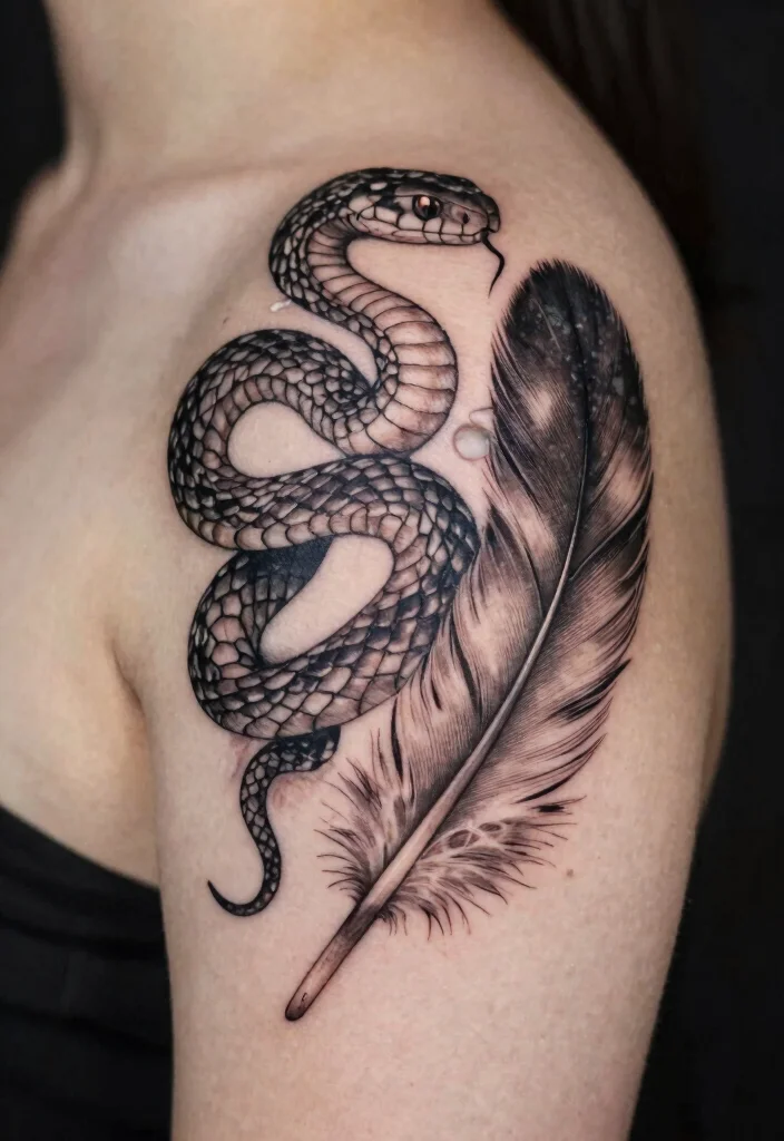 17 Shoulder Snake Tattoo Ideas With Bold Curve 54 17 Shoulder Snake Tattoo Ideas With Bold Curve - 14. Snake and Feather Hybrid 1