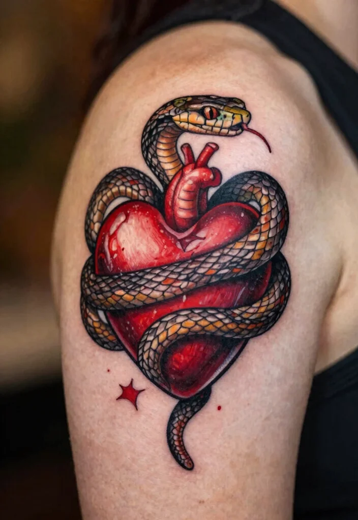 17 Shoulder Snake Tattoo Ideas With Bold Curve 66 17 Shoulder Snake Tattoo Ideas With Bold Curve - 16. Snake and Heart Tattoo 1