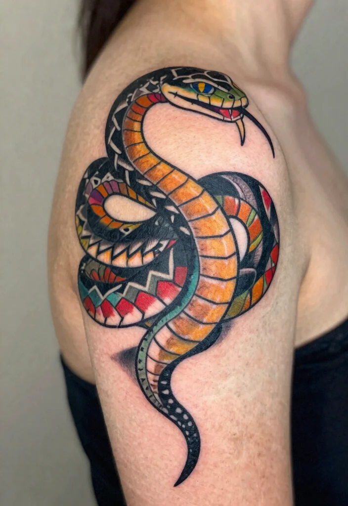 17 Shoulder Snake Tattoo Ideas With Bold Curve 2 17 Shoulder Snake Tattoo Ideas With Bold Curve - 2. Bold Geometric Snake 1