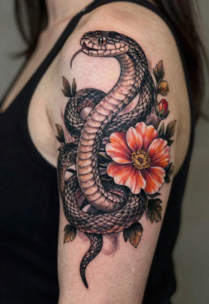 17 Shoulder Snake Tattoo Ideas With Bold Curve 3 17 Shoulder Snake Tattoo Ideas With Bold Curve - 3. Serpent in Bloom 1