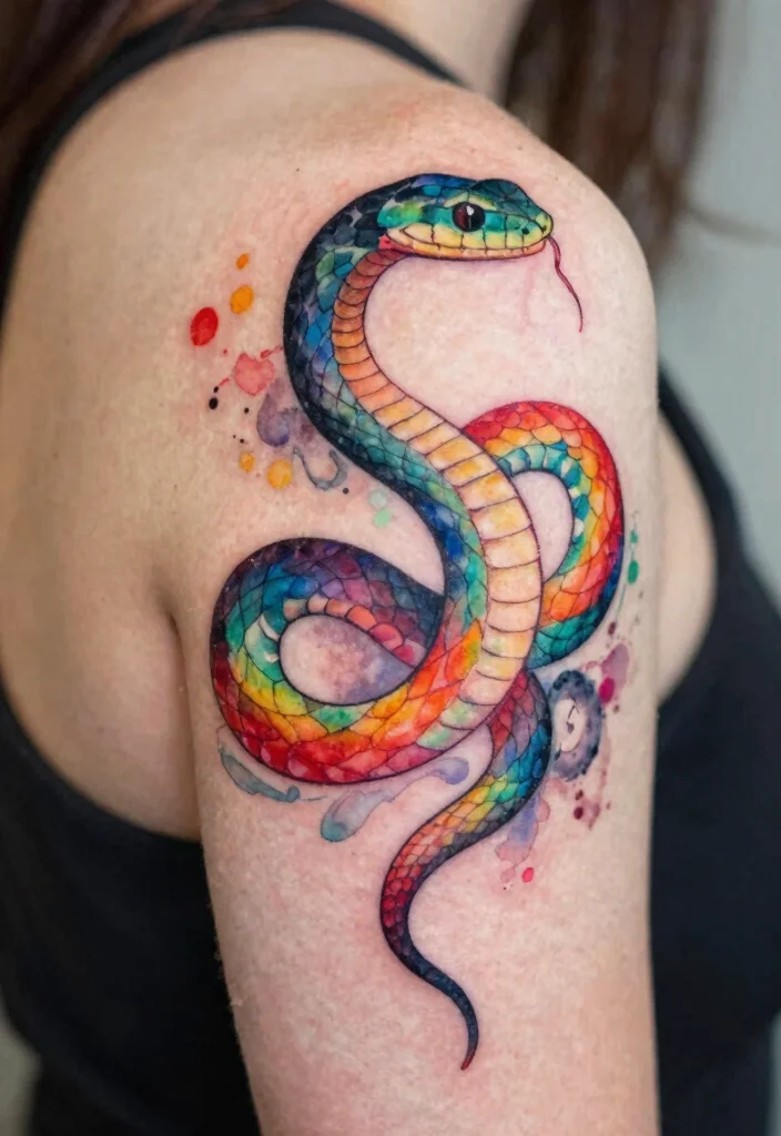 17 Shoulder Snake Tattoo Ideas With Bold Curve 4 17 Shoulder Snake Tattoo Ideas With Bold Curve - 4. Whimsical Watercolor Snake 1