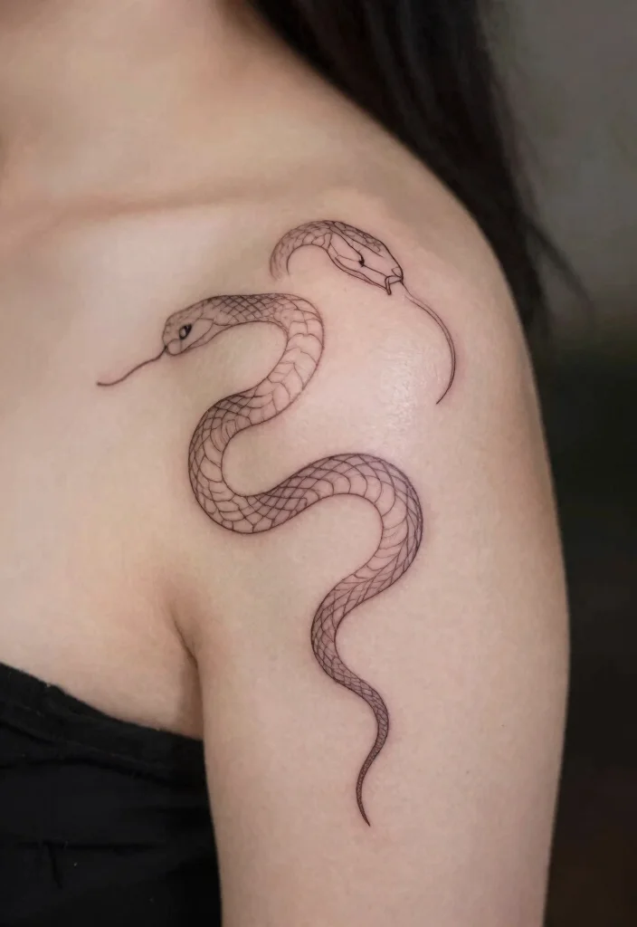 17 Shoulder Snake Tattoo Ideas With Bold Curve 6 17 Shoulder Snake Tattoo Ideas With Bold Curve - 6. Elegant Line Art Snake 1