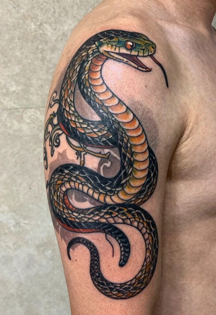 17 Shoulder Snake Tattoo Ideas With Bold Curve 18 17 Shoulder Snake Tattoo Ideas With Bold Curve - 8. Vintage-Inspired Snake Tattoo 1