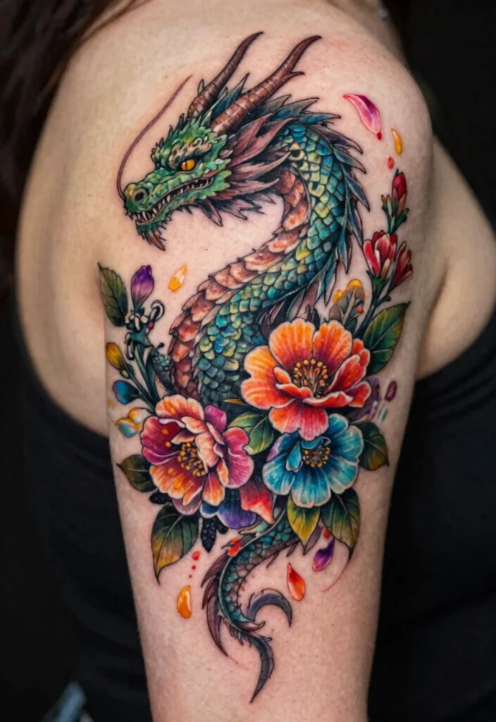17 Spine Dragon Tattoo Ideas With Bold Flow - 7. Fantasy Dragon with Flowers 1