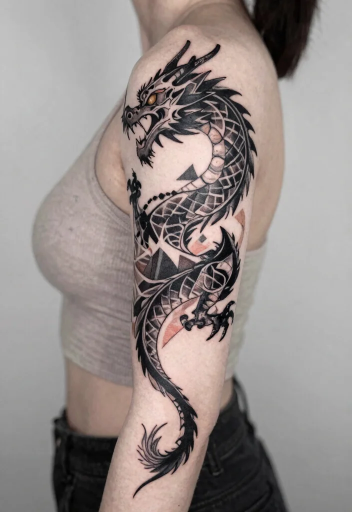 17 Spine Dragon Tattoo Ideas With Bold Flow - 8. Geometric Dragon 1