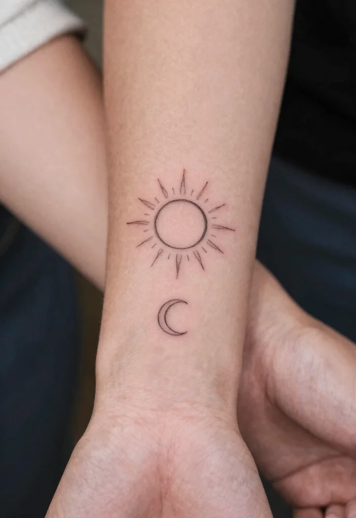 17 Sun and Moon Tattoo Matching Couple Ideas With Balanced Love - 1. Minimalist Sun and Moon Duo 1