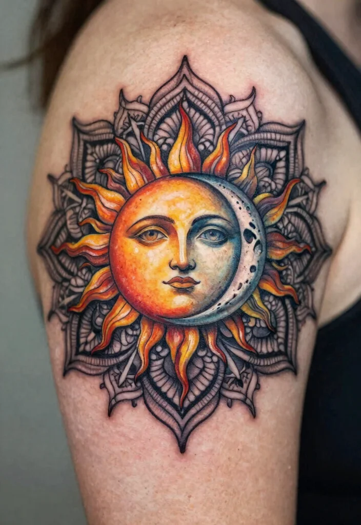 17 Sun and Moon Tattoo Matching Couple Ideas With Balanced Love - 10. Celestial Mandala Tattoo 1
