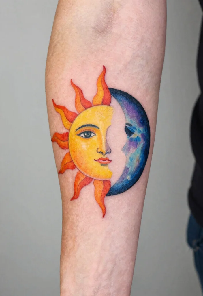 17 Sun and Moon Tattoo Matching Couple Ideas With Balanced Love - 12. Matching Color-blocked Tattoos 1