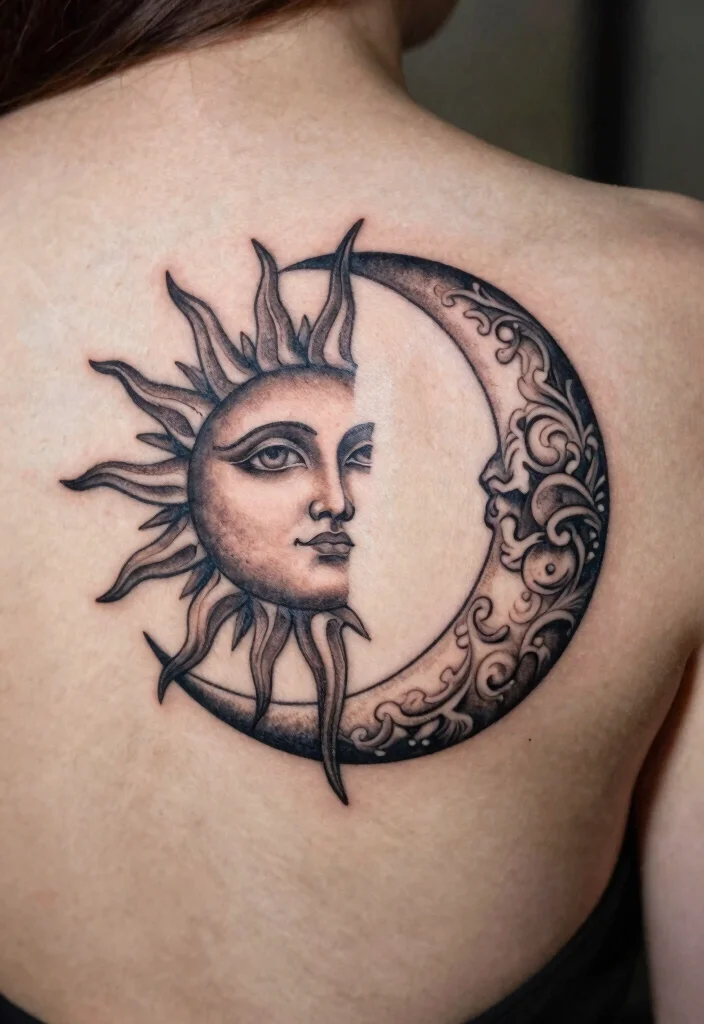 17 Sun and Moon Tattoo Matching Couple Ideas With Balanced Love - 17. Vintage Sun and Moon 1