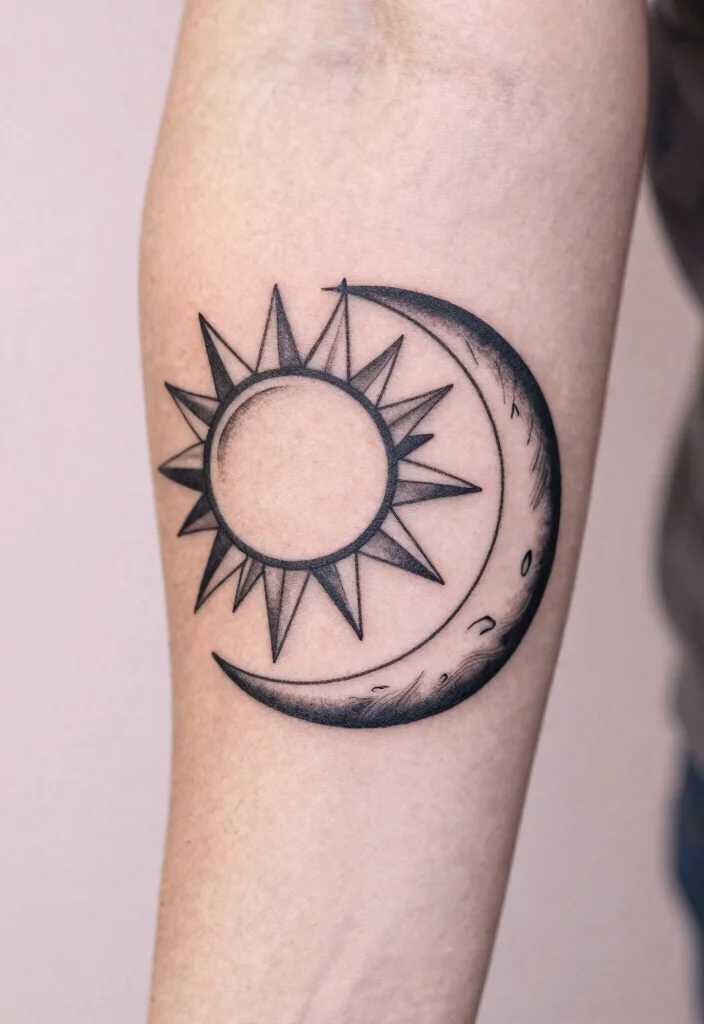 17 Sun and Moon Tattoo Matching Couple Ideas With Balanced Love - 2. Geometric Celestial Harmony 1