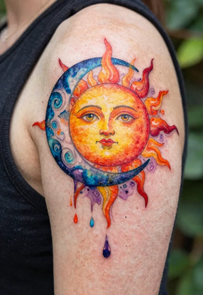 17 Sun and Moon Tattoo Matching Couple Ideas With Balanced Love - 3. Watercolor Sun and Moon 1
