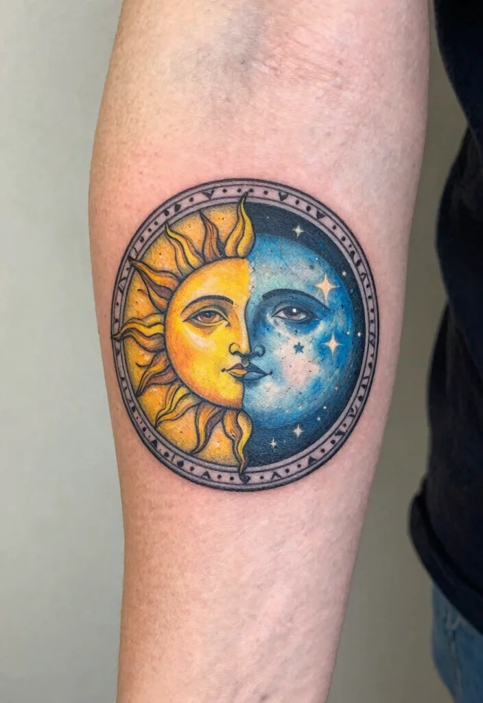 17 Sun and Moon Tattoo Matching Couple Ideas With Balanced Love - 6. Circular Emblem Designs 1