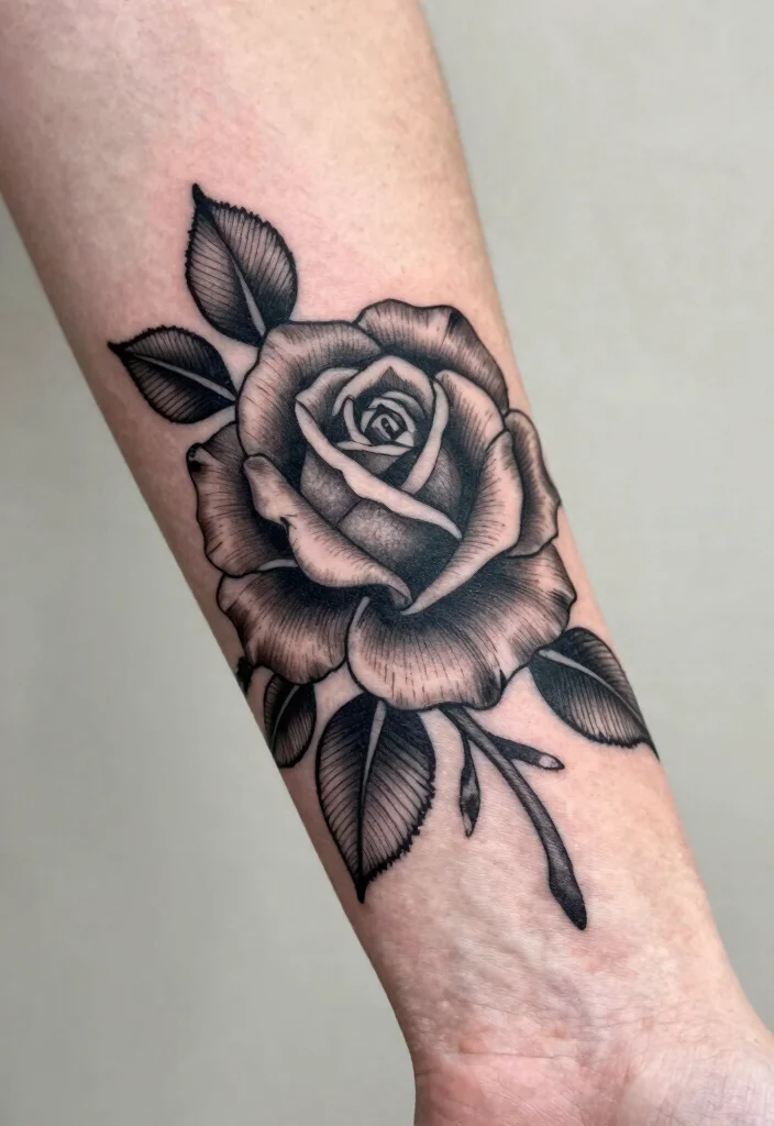18 Black Work Flower Tattoo Ideas With Striking Contrast 1 18 Black Work Flower Tattoo Ideas With Striking Contrast - 1. Elegant Rose 1