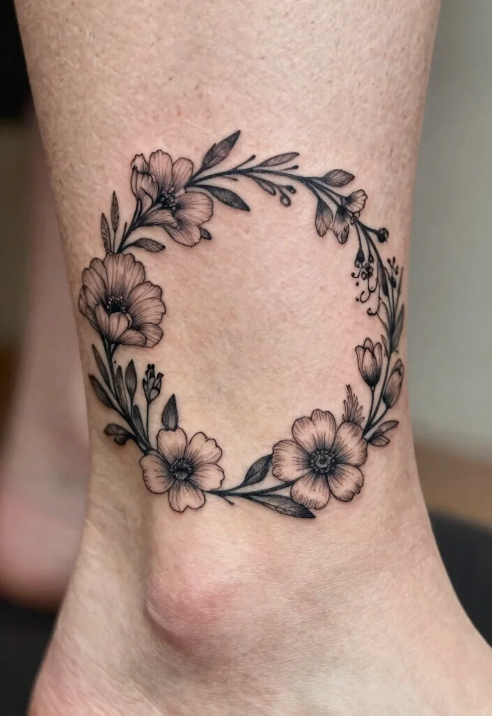 18 Black Work Flower Tattoo Ideas With Striking Contrast 30 18 Black Work Flower Tattoo Ideas With Striking Contrast - 10. Minimalist Floral Wreath 1