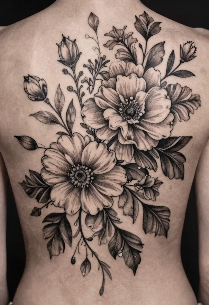 18 Black Work Flower Tattoo Ideas With Striking Contrast 42 18 Black Work Flower Tattoo Ideas With Striking Contrast - 12. Monochrome Floral Back Piece 1