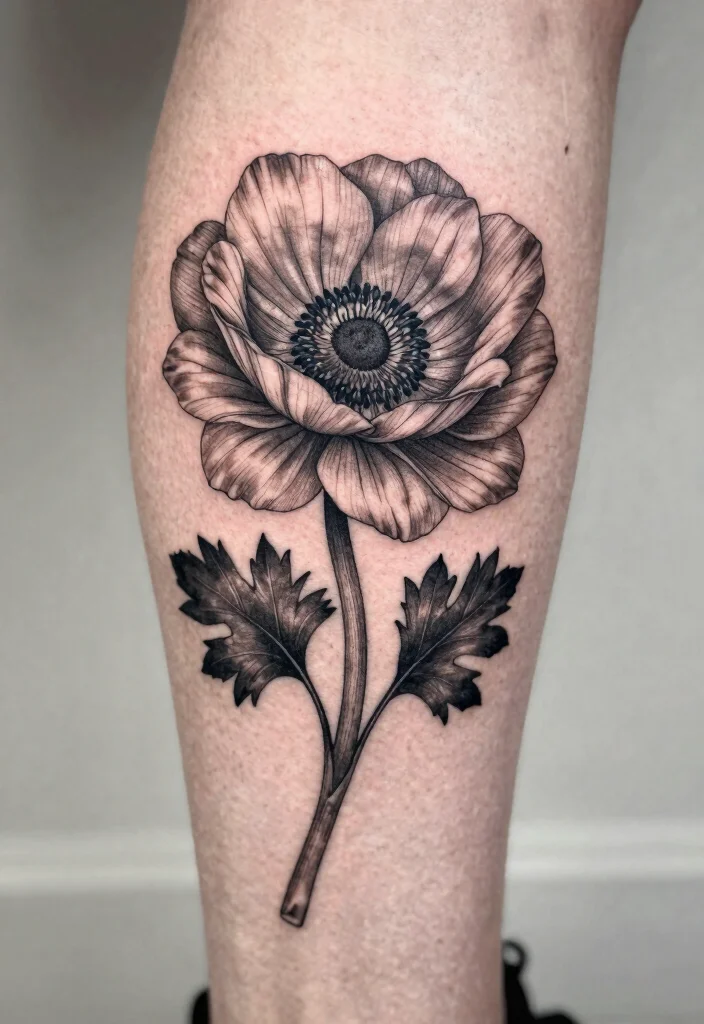 18 Black Work Flower Tattoo Ideas With Striking Contrast 53 18 Black Work Flower Tattoo Ideas With Striking Contrast - 13. Anemone Elegance 1