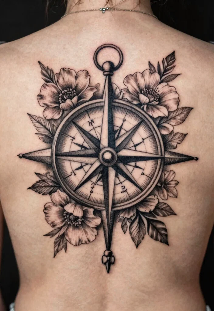 18 Black Work Flower Tattoo Ideas With Striking Contrast 54 18 Black Work Flower Tattoo Ideas With Striking Contrast - 14. Floral Compass 1